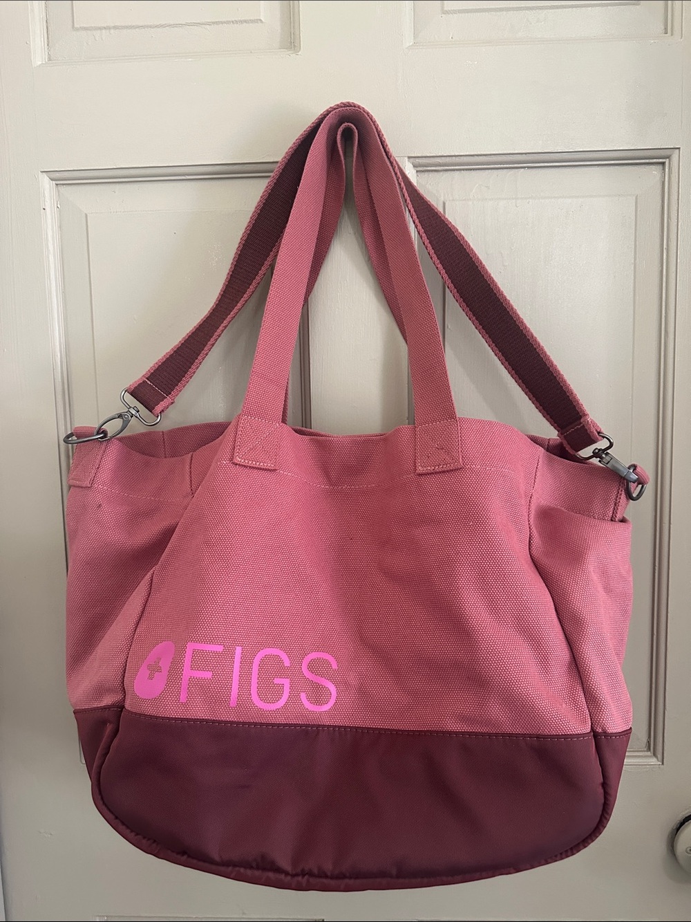 FIGS Limited Edition Two-Tone Pink Mauve Canvas Tote with Maroon Base EUC